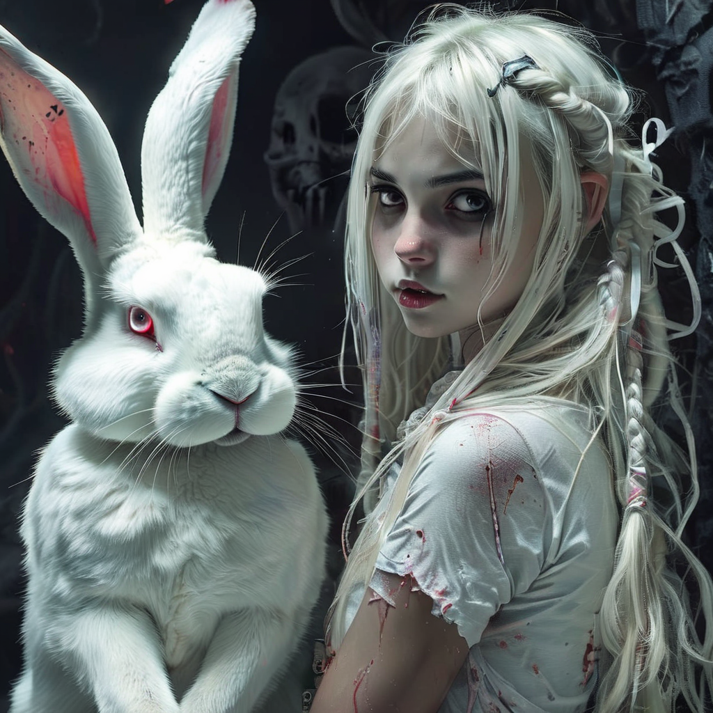 elysexa girl with scary white bunny, cinematic, darkness, very detailed<lora:elysexa:1>
