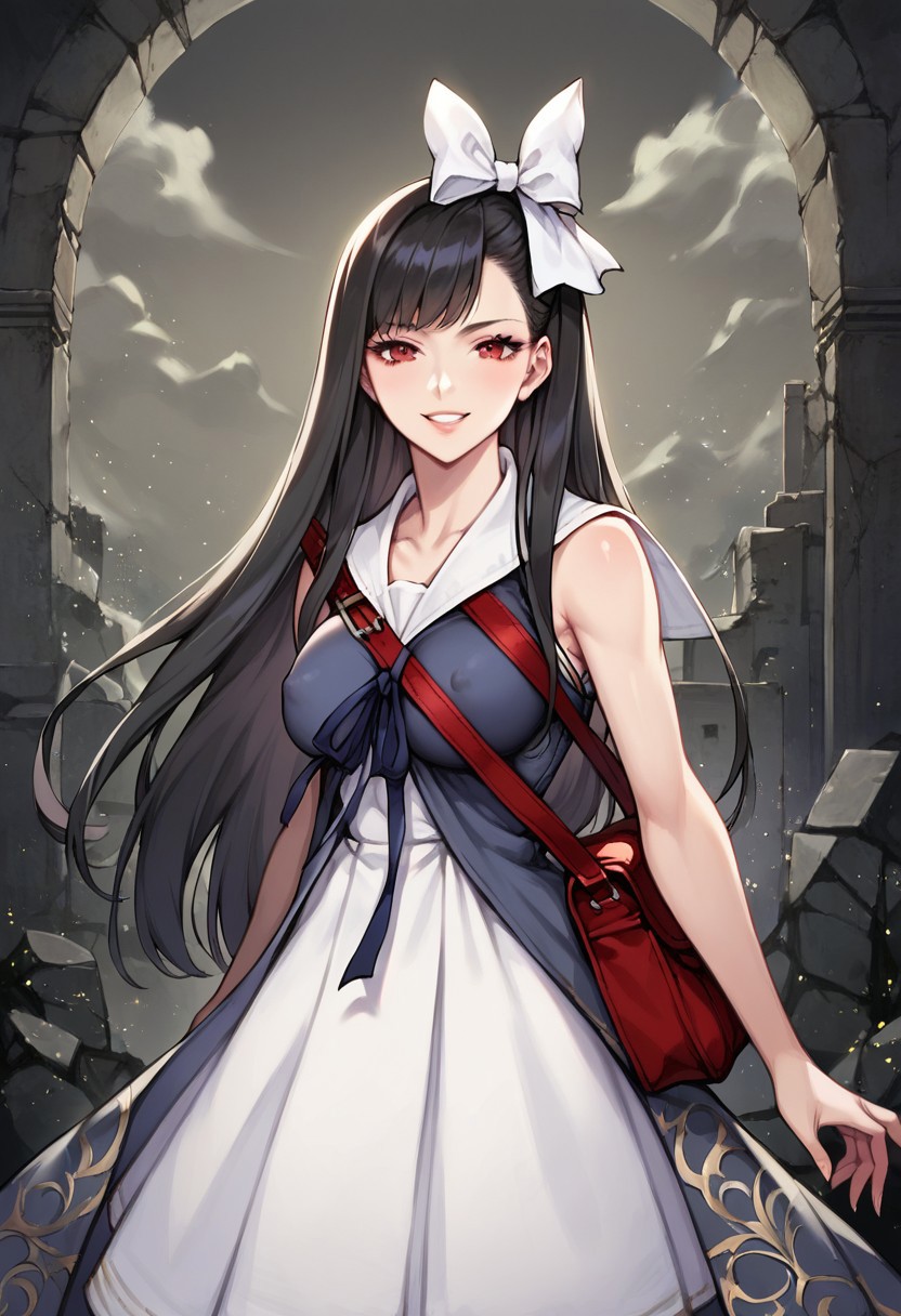 LouiseNR, 1girl, solo, black hair, long hair, bangs, red eyes, white bow, hair bow, lips, pale skin, red bag, sleeveless dress, white dress, dress ornament,  white sailor collar, breast, ribbon, shoulder bag, white footwear,
seductive pose, sexy pose, tease,  in the spotlight,,
smile, ruins,
score_9, score_8_up, score_7_up, beautiful aesthetic, very intricate, high quality details,vibrant, highly detailed, award-winning, professional,anime artwork, anime style, studio anime, athletic, curvy body, athletic girl, perky tits,large breast,perfect tits, round breasts, nipple outline,looking at viewer, pinup pose,teasing, dynamic lighting, cinematic, smug, better than you, aura of temptation, highly detailed, high resolution, masterpiece, detailed clothes, detailed background, highly detailed, ((sound effects)) comic layout,