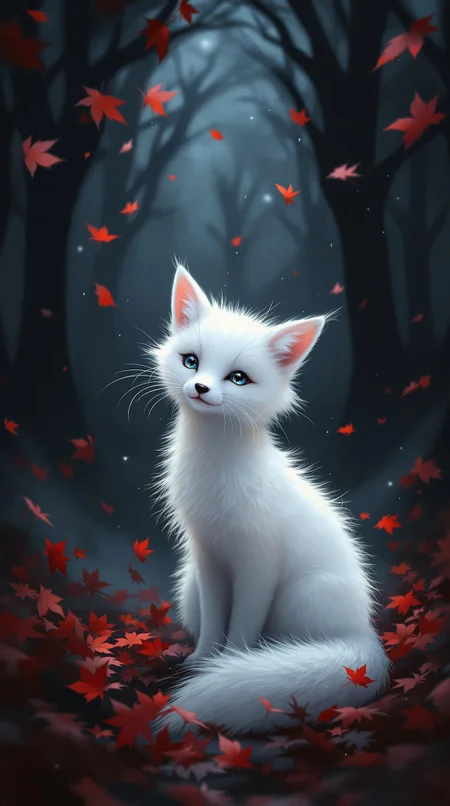 In the realm of fantasy, a small, pure white fox kit sits serenely amidst a storm of falling crimson leaves in a dark, mysterious forest. The ethereal atmosphere is accentuated by the soft and diffused lighting, with deep blacks and vibrant reds dominating the color palette. The scene evokes a sense of melancholic beauty, inspired by the works of Yoshitaka Amano and Artgerm. The smooth fur of the fox contrasts with the slightly blurry, almost ethereal texture of the leaves, while the background showcases a shadowy forest with implied depth. The overall rendering focuses on mood and atmosphere, with an impressionistic touch that prioritizes depth of field and a slight focus on the fox. This captivating illustration, with its cinematic qualities and poster-worthy appeal, transports viewers into a world of enchanting wonder.
