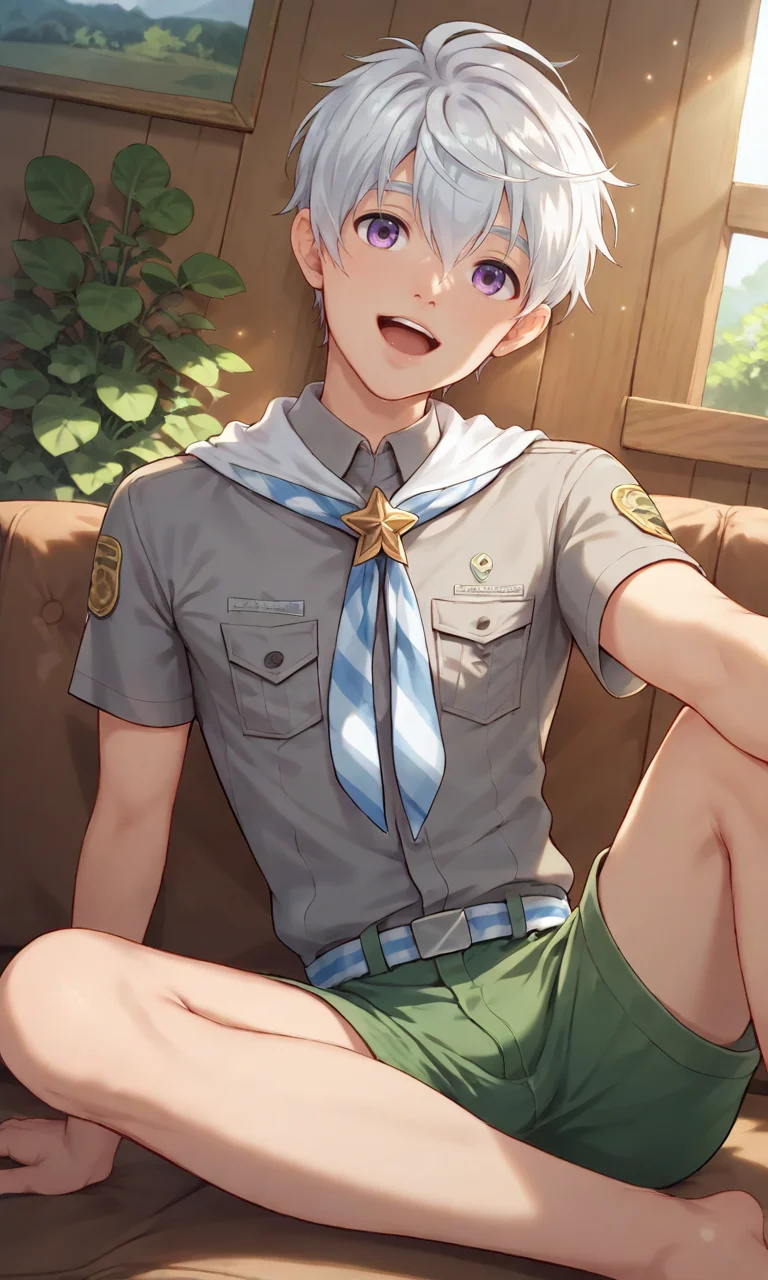 score_9, score_8_up, score_7_up, masterpiece, best quality, lots of details, close-up, ((1boy)), Felix, solo, (slim:1.2), open mouth, light smile, looking at viewer, male focus, sitting, on sofa, grey shirt, short sleeves, striped blue-white neckerchief, green shorts, shaded, detailed shading, detailed skin, shaded skin, realistic shading, Expressiveh, countershading:1.1, cabin, living room, indoor plant, indoors, <lora:add-detail-xl:0.7>, <lora:Smooth Anime 2 Style SDXL_LoRA_Pony Diffusion V6 XL:0.8>, <lora:Expressive_H:0.8>, <lora:Felix_XL_V10:0.9>