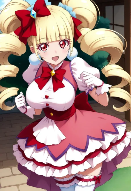 score_9, score_8_up, score_7_up, source_anime, (nsfw1.0), BREAK,
curemacherie, cute 1girl, (large breasts:1.6), skinny body, (short stature:1.5), (shortstack:0.7), red eyes, blond hair, twintails,
pink clothes, pom pom earrings, pink ribbon, white gloves, frilled thighhighs, puffy sleeves, layered dress, (mini skirt), porch, wrist bow, jewelry,
shiny skin,
smile,
strike a pose, looking at viewer,
angle:random,
background:random,