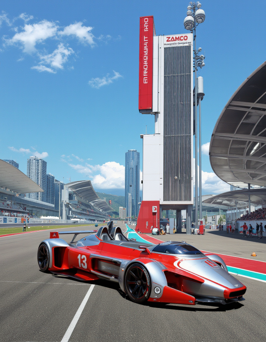 Art by Andrian Luchian. A futuristic, futuristic vehicle with a sleek, streamlined design, positioned in the middle of a race track. the vehicle is a silver and red color scheme with the number "13" prominently displayed on the side. It has a low-slung, two-seater design with a pointed nose and a wide, open-top cockpit. The vehicle is positioned at the center of the image, with the track stretching out in front of it. in the background, there are tall, modern buildings with a red and white sign that reads "Zamco" and "intergalactic racing championship." The sky is clear and blue, with a few clouds scattered across it. the track is empty, with no other vehicles or people visible, and there are a few people walking around. the overall atmosphere is one of excitement and anticipation, as if the viewer is about to embark on an exciting journey.