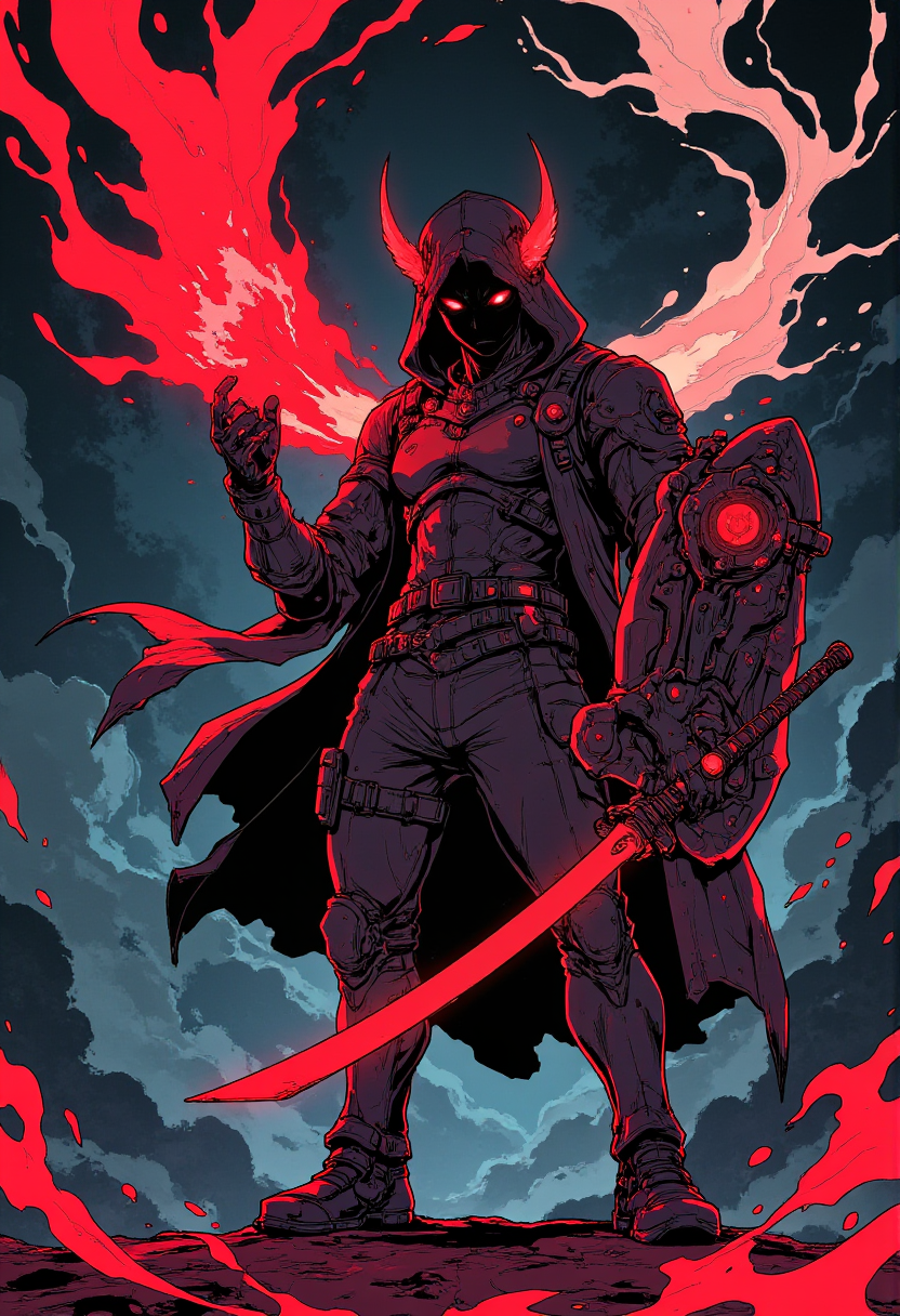 a dynamic and intense anime-style illustration featuring A mysterious Dungeon warrior with red face, holding a magic orb in one hand and a shield made from a wolf's head in the other. The magic orbs burst out abstract splashes of swirling magic energy. He is dressed in bright armor with scales and vibrant accents, ready for battle with an intensive stance. In the style of hauntingly atmospheric dark fantasy, abstract splashes of vibrant colors<lora:Let_It_Blaze_in_Crimson_anime_v1.0:0.8>