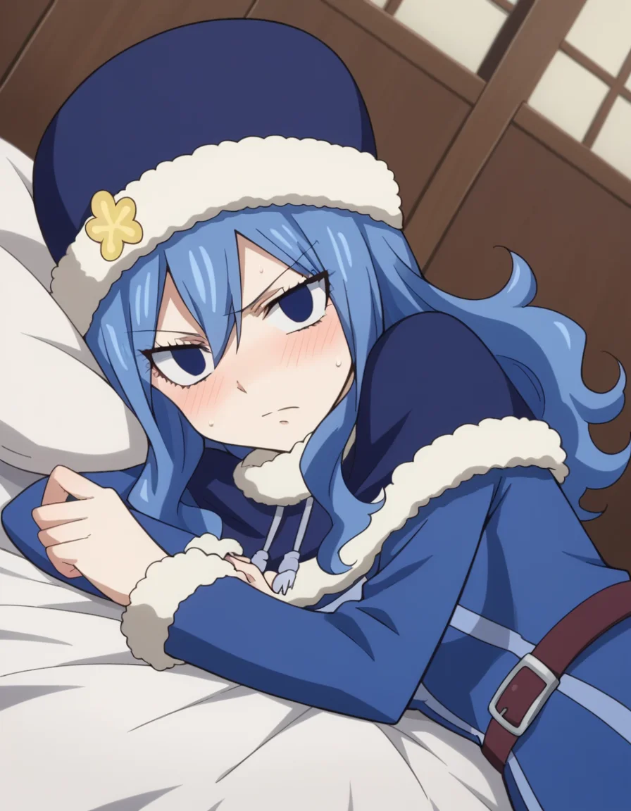 score_9, score_8_up, score_7_up, source_anime,
juvialockser, <lora:juvia-lockser-s7-ponyxl-lora-nochekaiser:1>,
juvia lockser, long hair, blue eyes, blue hair, wavy hair, hair between eyes,
hat, dress, belt, fur trim, fur hat, capelet, blue dress, long sleeves,
indoors, bed, bed room, on side, blush, drunk,
looking at viewer, cowboy shot, dutch angle,