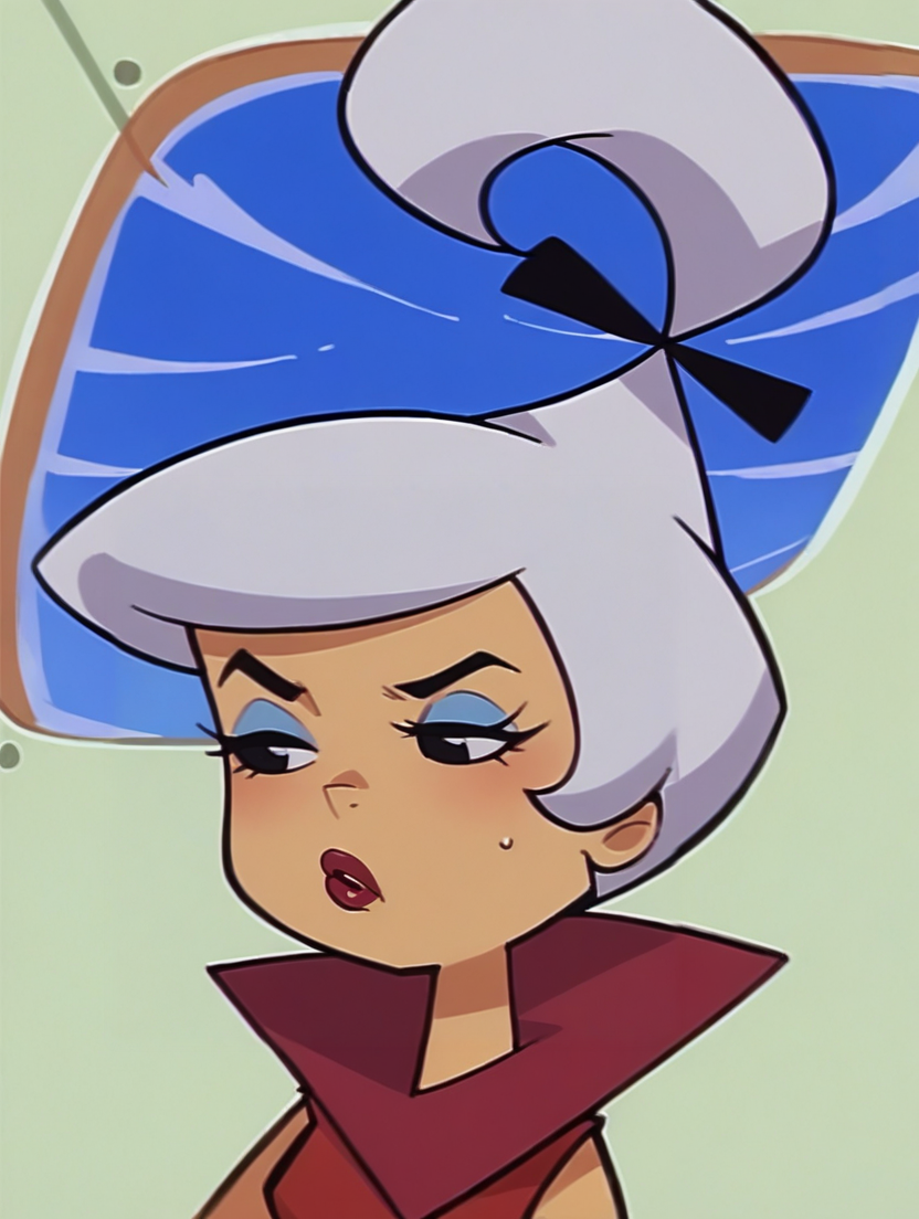 score_9,score_8_up,score_7_up,score_6_up,score_5_up,score_4_up <lora:Smooth Night Style SDXL_LoRA_Pony Diffusion V6 XL:0.7>   <lora:Judy_JetsonPonyV2:1> judy jetson, white hair, black eyes, scifi Orbit City, Futuristic skyline, Skypad Apartments, Spacely Space Sprockets, Aerojellico Space Port, Pouting, downturned lips, furrowed brows, From street level,