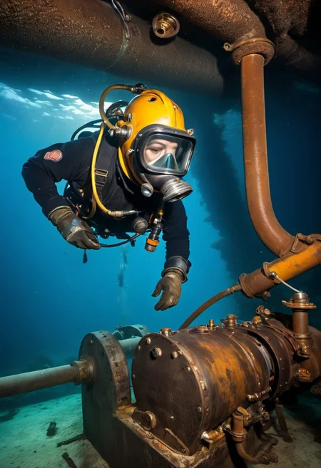 image of underwater welders, ((diving helmet)), warm tinted helmet lens, diving apparatus, high resolution, high quality, best quality, (masterpiece), extremely detailed, repairing a submarine, machinery, shipwreck, hoses, cables, ((steel pipes)), tools, dark foreboding environment, the deep, dark depths, very dark, warm artificial light, deep underneath the surface, night time, steel beams, welding, breathing, underwater, welding light, ((air bubbles)), dramatic light, wide shot