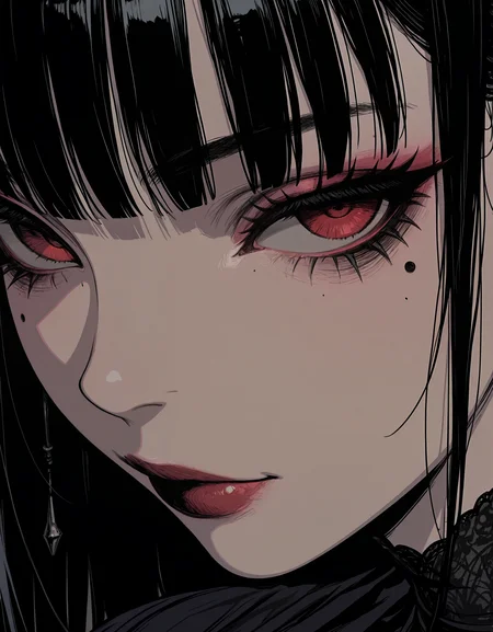 masterpiece, best quality,high quality, newest, highres,absurdres, <lora:Sinozick_style-000019:1>,Sinozick_illu, solo, mole under eye, 1girl, mole, solo, eye focus, earrings, jewelry, red eyes, close-up, makeup, looking at viewer, black hair, eyelashes, bangs, lipstick