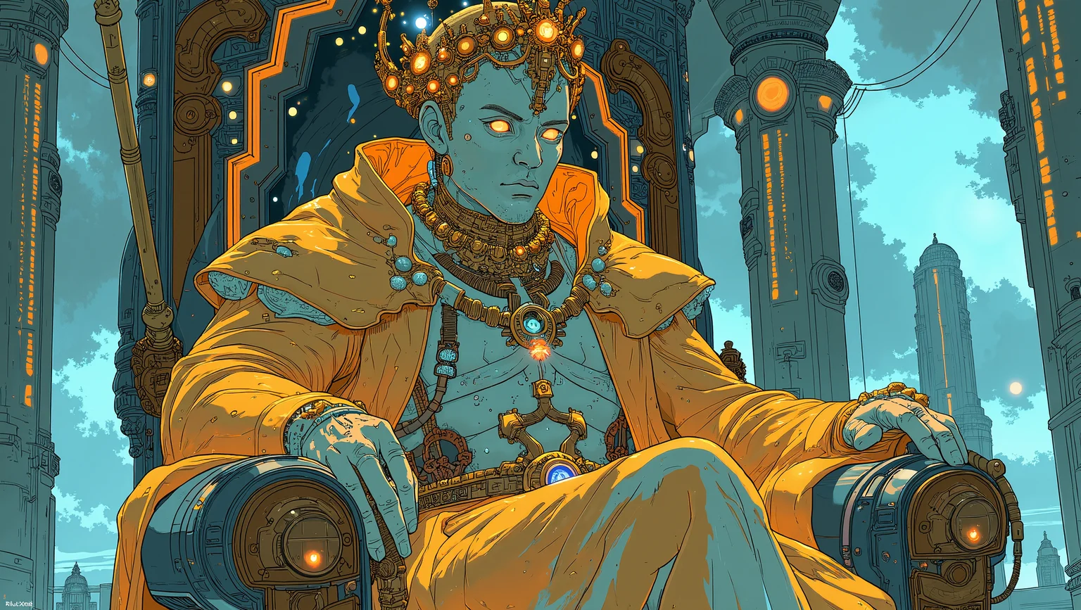 A galactic monarch, with an elaborate, futuristic crown and regal robes, sits on a throne made of glowing, crystalline material. The throne room is vast, with tall, transparent walls showing a view of the galaxy beyond. The monarch’s expression is one of wisdom and authority, and they hold a scepter that pulses with energy. The style is majestic and grand, with a focus on the monarch’s powerful presence and the advanced, yet regal, setting