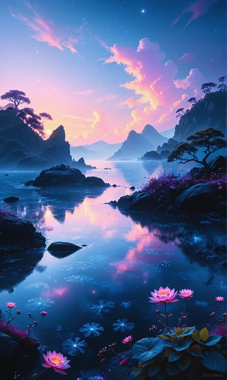 Generate an enchanting and surreal depiction of a world locked in perpetual twilight. Picture a captivating landscape where the boundaries between day and night blur into an everlasting twilight. The sky should be a mesmerizing blend of deep blues and soft purples, with a faint, ethereal glow on the horizon. Show a mystical terrain, featuring delicate, bioluminescent flora and fauna that illuminate the landscape with gentle, otherworldly radiance. Let the scene emanate a sense of tranquility, mystery, and a touch of magic. Focus on intricate details and realism to create an image that transports viewers to this captivating twilight realm<lora:xl_more_art-full_v1:0.3> <lora:MJ52:0.4> <lora:last:0.8>