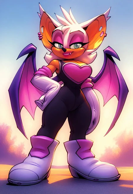 score_9, score_8_up, score_7_up, score_6_up, score_5_up, score_4_up, bd_rougethebat, solo, bodysuit, bat wings, white elbow gloves, white boots, standing, hand on hip, outdoors