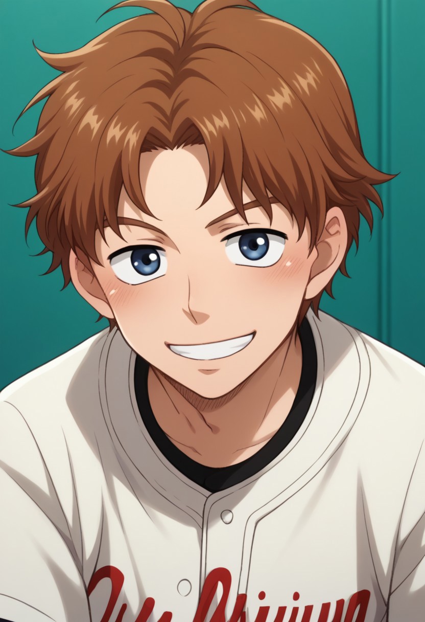score_9, score_8_up, score_7_up, source_anime, highly detailed, 
fumiki, male focus, 1boy, brown hair, smile, solo, baseball uniform, sportswear, blush, blue eyes, looking at viewer,
grin,