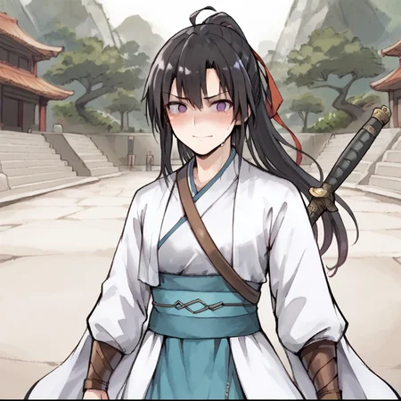 @_@,1girl,two anime characters standing next to each other, one is holding a sword and the other is holding a bow, solo, long hair, looking at viewer, smile, black hair, ribbon, purple eyes, hair ribbon, upper body, ponytail, weapon, male focus, outdoors, sky, sword, red ribbon, letterboxed, sheath, <lora:scaredv4:0.85>,scared expression, shy blush ,nervous, sweating ,,coin, , <lora:live_story_girl:0.7>,medium breasts ,show cleavage,score_9, score_8_up, score_7_up,score_6_up,Carrying a sword,sunset background