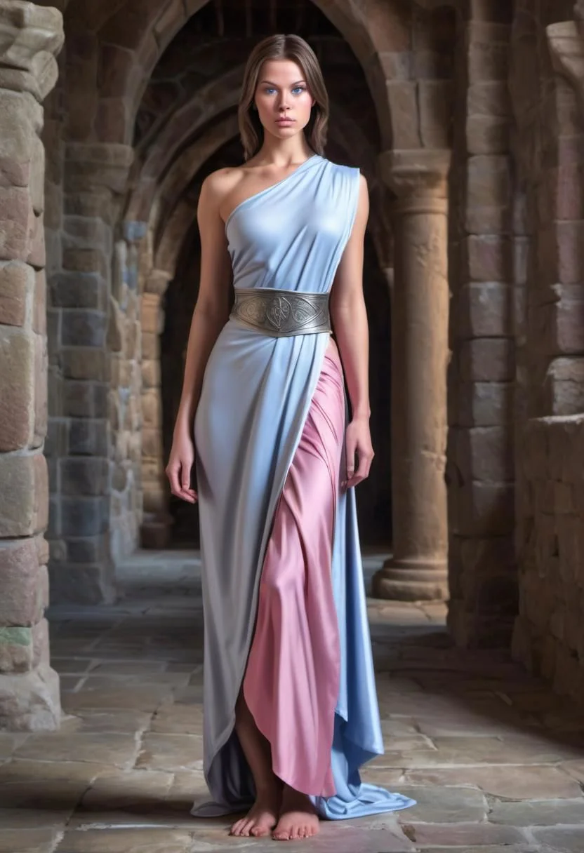 photo of tan (monk/sorceress), (Age 19), 5'8, 130lbs, 30B-24-30, (short light brunette hair), (Silver/pink attire), blue eyes, athletic, in monastery, realistic, full body, HDR