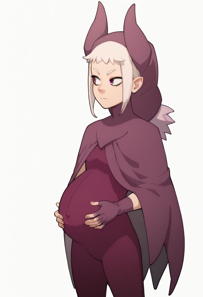 score_9, score_8_up, score_7_up, kohei_horikoshi_style,  1girl, solo, pregnant, norawakfu, white hair, purple eyes, hood, horns, hood, horns, cloak, fingerless elbow gloves, bodysuit, cape, standing, holding belly, covered belly, covered navel, white background,