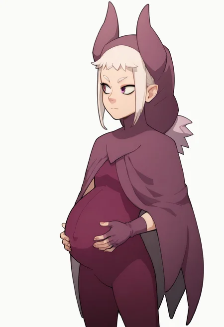 score_9, score_8_up, score_7_up, kohei_horikoshi_style, 1girl, solo, pregnant, norawakfu, white hair, purple eyes, hood, horns, hood, horns, cloak, fingerless elbow gloves, bodysuit, cape, standing, holding belly, covered belly, covered navel, white background,