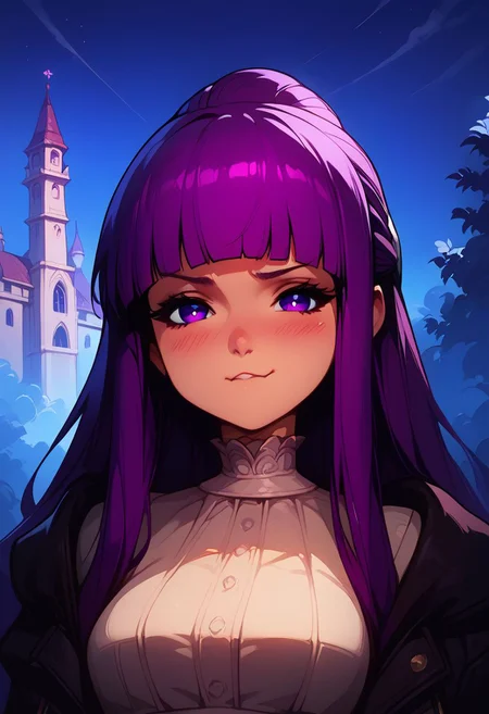 score_9, score_8_up, score_8, medium breasts, (curvy), cute, eyelashes, score_9, score_8_up, score_7_up, source_anime, 1girl, fern \(sousou no frieren\), large breasts, long hair, purple hair, blunt bangs, half updo, purple eyes, open robe, long dress, pout, puffy cheeks, looking at viewer, serious, blush, upper body, outdoors, smile, blush,
night sky,