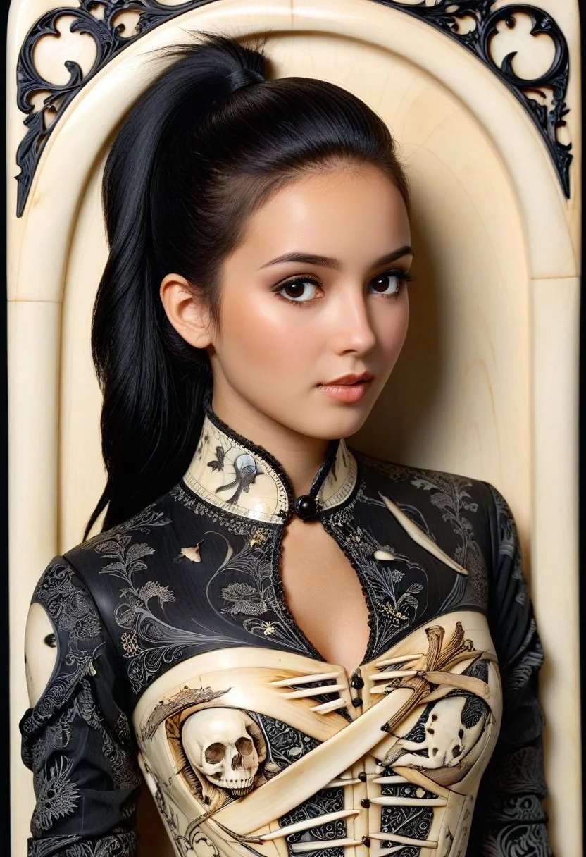 score_9, score_8_up, score_7_up, score_6_up, ((the whole image is carved out of, ebony, ivory, scrimshaw, bone carving)) 1girl, matte_color, flat color, RyoKaren, tan, brown eyes, black hair, ponytail, (absurdres, best quality, masterpiece:1.4), amazing quality, highres, newest, gothic