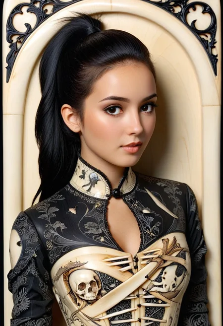 score_9, score_8_up, score_7_up, score_6_up, ((the whole image is carved out of, ebony, ivory, scrimshaw, bone carving)) 1girl, matte_color, flat color, RyoKaren, tan, brown eyes, black hair, ponytail, (absurdres, best quality, masterpiece:1.4), amazing quality, highres, newest, gothic