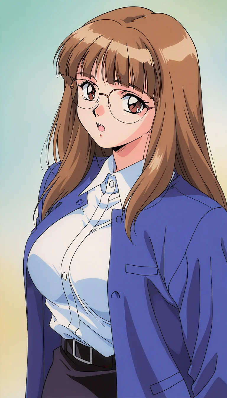 masterpiece, best quality, good quality, <lora:Iijima_Sensei_IS:1> Iijima_Sensei, 1girl,solo, brown hair, glasses, long hair, brown eyes,blunt bangs, large breasts, 1990s \(style\),anime coloring,
looking at viewer, upper body, open mouth, white shirt, long sleeves, collared shirt, blue jacket, black belt, black skirt,