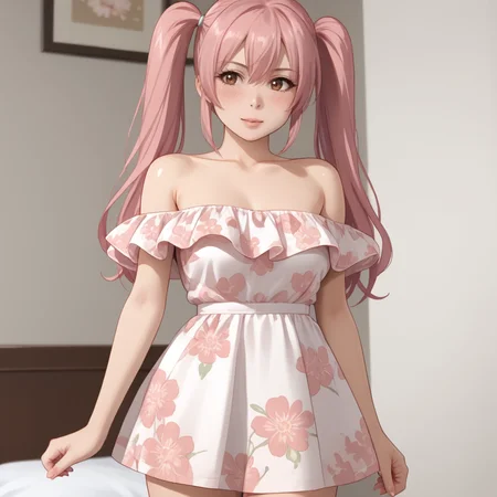<lora:NocePinkGirl_pony_v1:0.8> PinkGirl, 1girl, solo, twintails, medium breasts, long hair brown eyes, pink hair, cowboy shot <lora:floral_offshoulder_dress_v1.1-pony:1> off shoulder dress, floral print