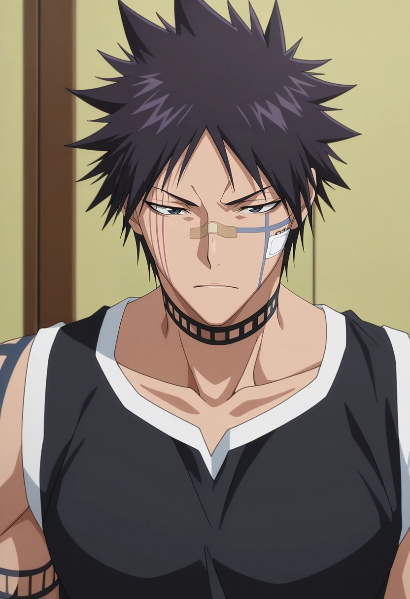 masterpiece, best quality, intricate details, anime screencap, , , , 1boy, solo, male focus, <lora:shuuhei_hisagi_ilxl:0.96>, shuuhei_hisagi, black hair, black eyes, short hair, spiked hair, tattoo, facial mark, bandaid on nose, scar on face, , choker, ,