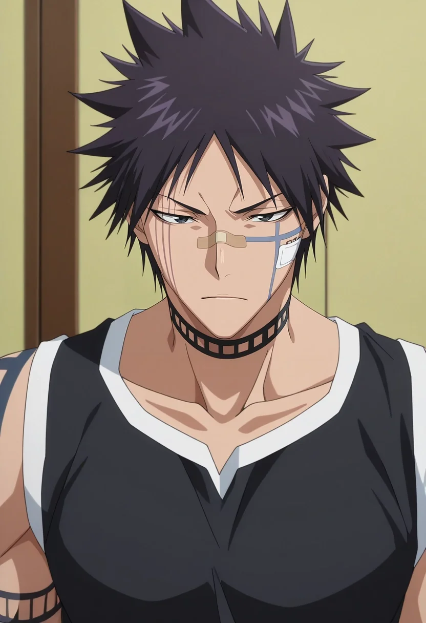 masterpiece, best quality, intricate details, anime screencap, , , , 1boy, solo, male focus, <lora:shuuhei_hisagi_ilxl:0.96>, shuuhei_hisagi, black hair, black eyes, short hair, spiked hair, tattoo, facial mark, bandaid on nose, scar on face, , choker, ,