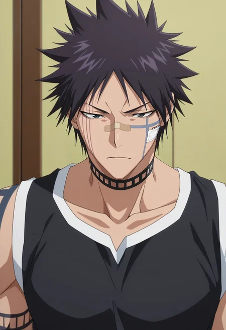 masterpiece, best quality, intricate details, anime screencap, , , , 1boy, solo, male focus, <lora:shuuhei_hisagi_ilxl:0.96>, shuuhei_hisagi, black hair, black eyes, short hair, spiked hair, tattoo, facial mark, bandaid on nose, scar on face, , choker, ,