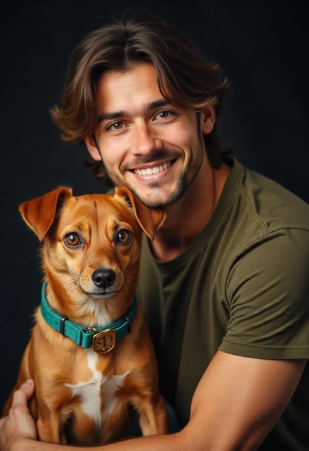 Studio Ghibli Dark Fairytale, a studio portrait photograph featuring a close-up composition of a man in his late 20s to early 30s alongside his Miniature Pinscher dog. The image employs artificial front lighting against a dark background with shallow depth of field. The man wears an olive green t-shirt and has medium-length brown hair, while the reddish-brown dog wears a teal collar with a gold "SD" tag. The composition balances both subjects with warm color tones and professional studio lighting techniques.
