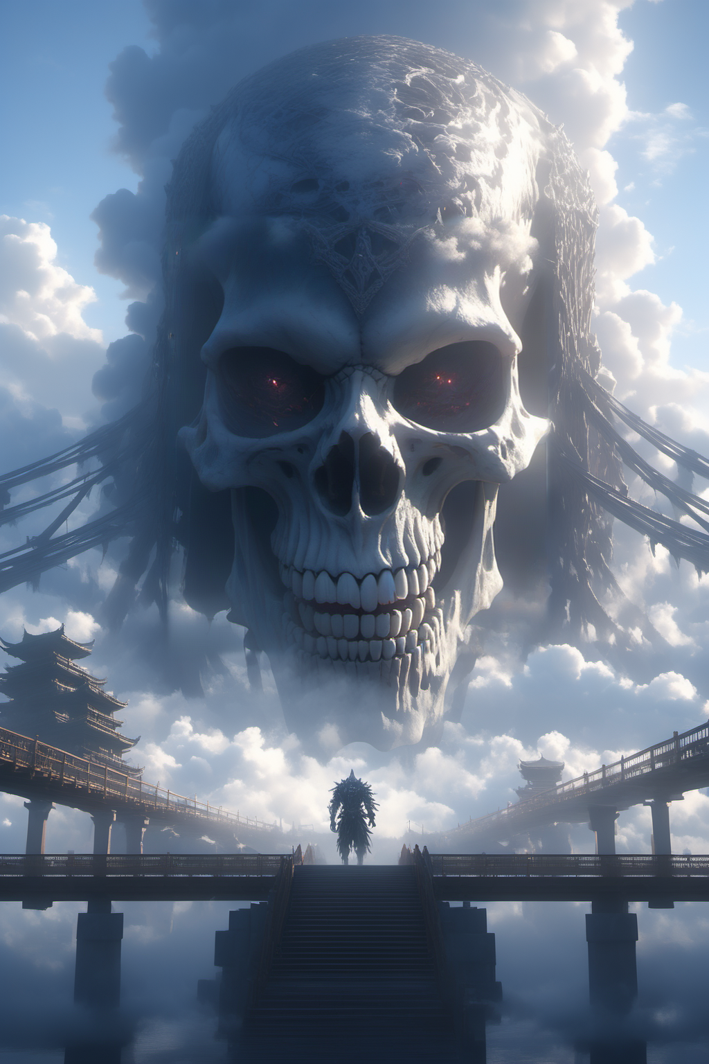 Hyperrealistic art BJ_Sacred_beast,Skull,outdoors,sky,day,cloud,water,blue_sky,no_humans,cloudy_sky,building,scenery,reflection,monster,bridge,fog,
cinematic lighting,strong contrast,high level of detail,Best quality,masterpiece,White background,<lora:SDXL_Sacred_beast:0.7>, . Extremely high-resolution details, photographic, realism pushed to extreme, fine texture, incredibly lifelike