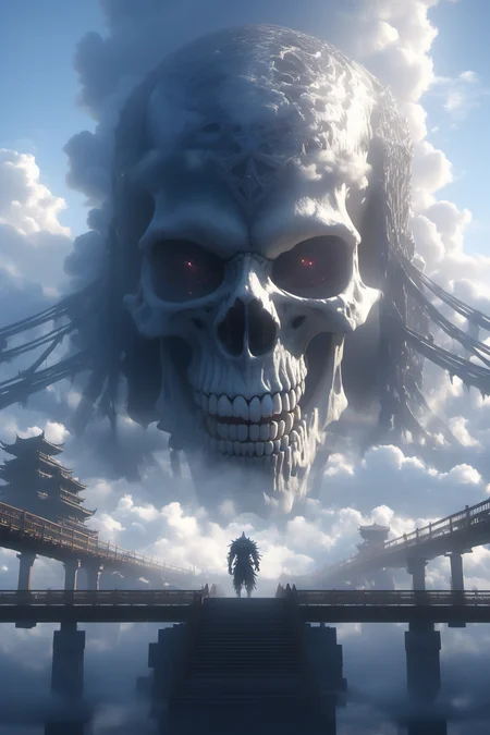 Hyperrealistic art BJ_Sacred_beast,Skull,outdoors,sky,day,cloud,water,blue_sky,no_humans,cloudy_sky,building,scenery,reflection,monster,bridge,fog,
cinematic lighting,strong contrast,high level of detail,Best quality,masterpiece,White background,<lora:SDXL_Sacred_beast:0.7>, . Extremely high-resolution details, photographic, realism pushed to extreme, fine texture, incredibly lifelike