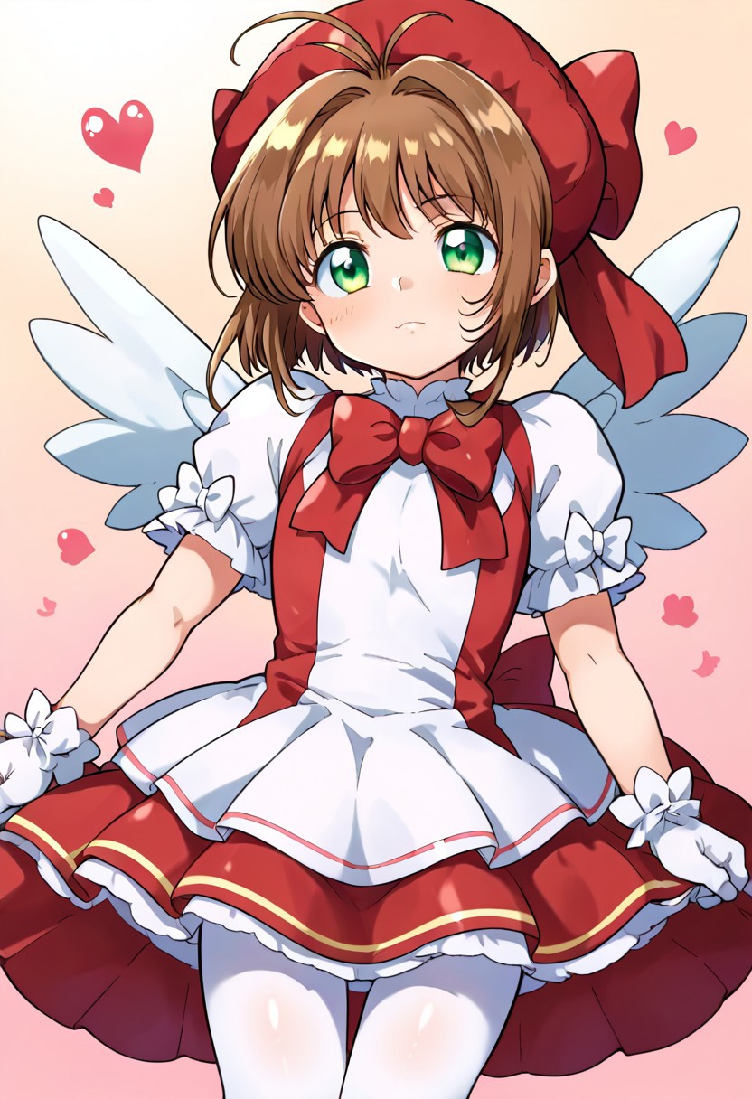 (zPDXL3),
(zPDXLxxx),
Kinomoto_Sakura,
cardcaptor_sakura,
green_eyes, brown_hair, short_hair, antenna_hair, hair_intakes, flat_chest, magical_girl, white_gloves, red_dress, puffy_sleeves, red_bow, white_pantyhose, frills, red_headwear, white_wings,
middle shot,
pose,