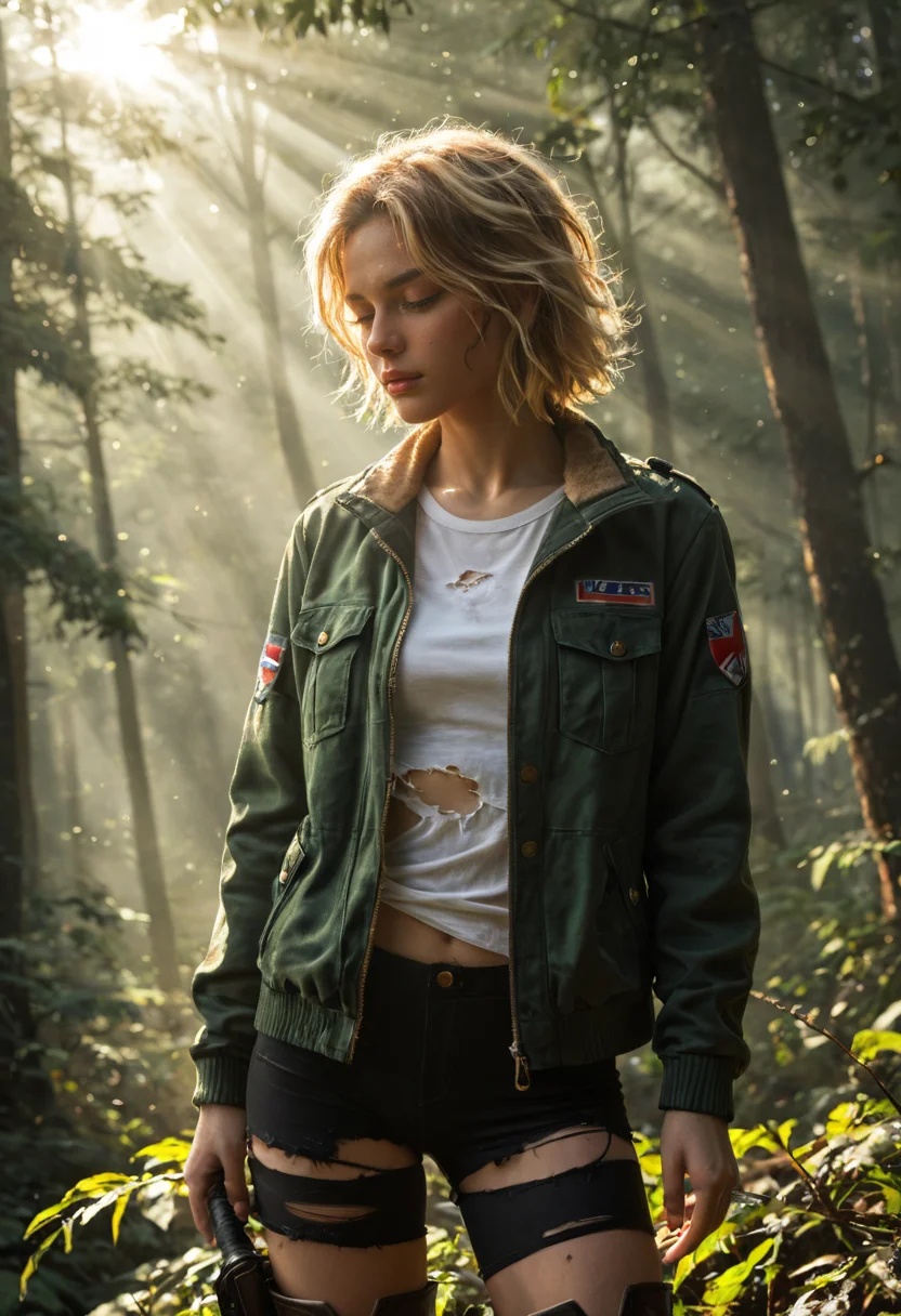 score_9, score_8_up, score_7_up, realistic, photorealistic, 1girl, close-up, beautiful young Russian female, short messy blonde hair, tired and vulnerable expression, standing in a dense dark forest, thick fog, sunlight barely piercing through dense tree branches, wearing a torn green jacket, torn beige hiking pants, scuffed boots, dirt and scratches on her skin, dramatic god rays, cinematic atmosphere, ultra-realistic, highly detailed textures, natural lighting, soft shadows, highlights, intense moody ambiance, <lora:Dramatic Lighting Slider:1.5>
