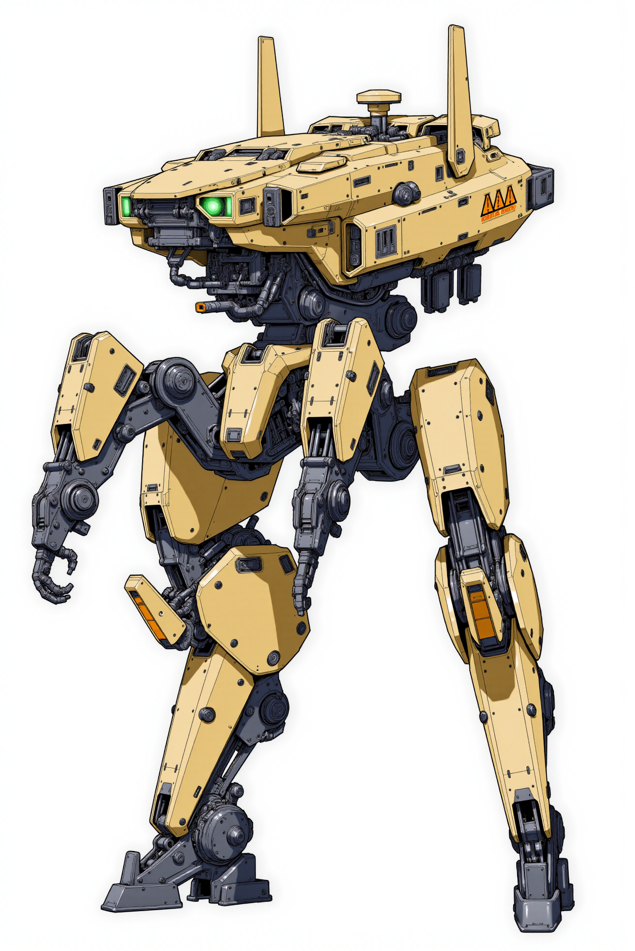<lora:Mecha_Anime_style_v.1:0.8> A quadrupedal assault mecha illustrated in high-precision anime mechanical style, clad in angular beige armor plating with subtle weathering at panel edges and segmented joints, punctuated by blue-gray trim and high-visibility warning decals. The chassis is densely layered with nested mechanical parts, actuated limbs, and exposed piston assemblies, delivering a hybrid aesthetic of utilitarian warfare and modular engineering. Twin antennae domes and radar dishes flank the cockpit module, while broad armor fins and integrated weapon ports add visual mass to the silhouette. Rendered with clean line art and sharp cel shading, every bolt, hinge, and hydraulic link is crisply defined, emphasizing technical clarity and structural realism. The neutral white background enhances the silhouetteâs complexity and highlights the designâs grounded industrial logic.