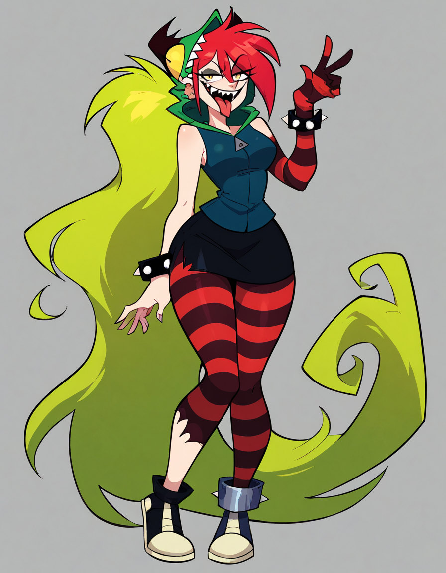 (source_cartoon), score_8, score_7_up, score_6_up, score_5_up, 1girl, flat background, simple background, full body, demencia, open mouth, tongue out, looking at viewer, smug, smirk, sharp teeth, red hair, green ponytail, yellow eyes, wide hips, narrow waist, striped pantyhose with one pantyhose leg torn, anklet, dark blue hoodie, perky breasts, sleeveless, green monster hood, black skirt, single striped sleeve, one glove <lora:DemenciaSDXL-000005:0.80>   <lora:Smooth Anime 2 Style SDXL_LoRA_Pony Diffusion V6 XL:1>