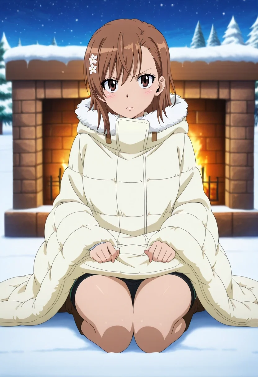 masterpiece, best quality, anime screencap, anime coloring, official style, , looking at viewer, 1girl, misaka mikoto, brown hair, brown eyes, solo, ski lodge, crackling fireplace, snowy windows, cozy blankets, sitting pose, content expression, winter warmth, <lora:fairy_tail_style_ilxl:1>, fairy_tail_style,