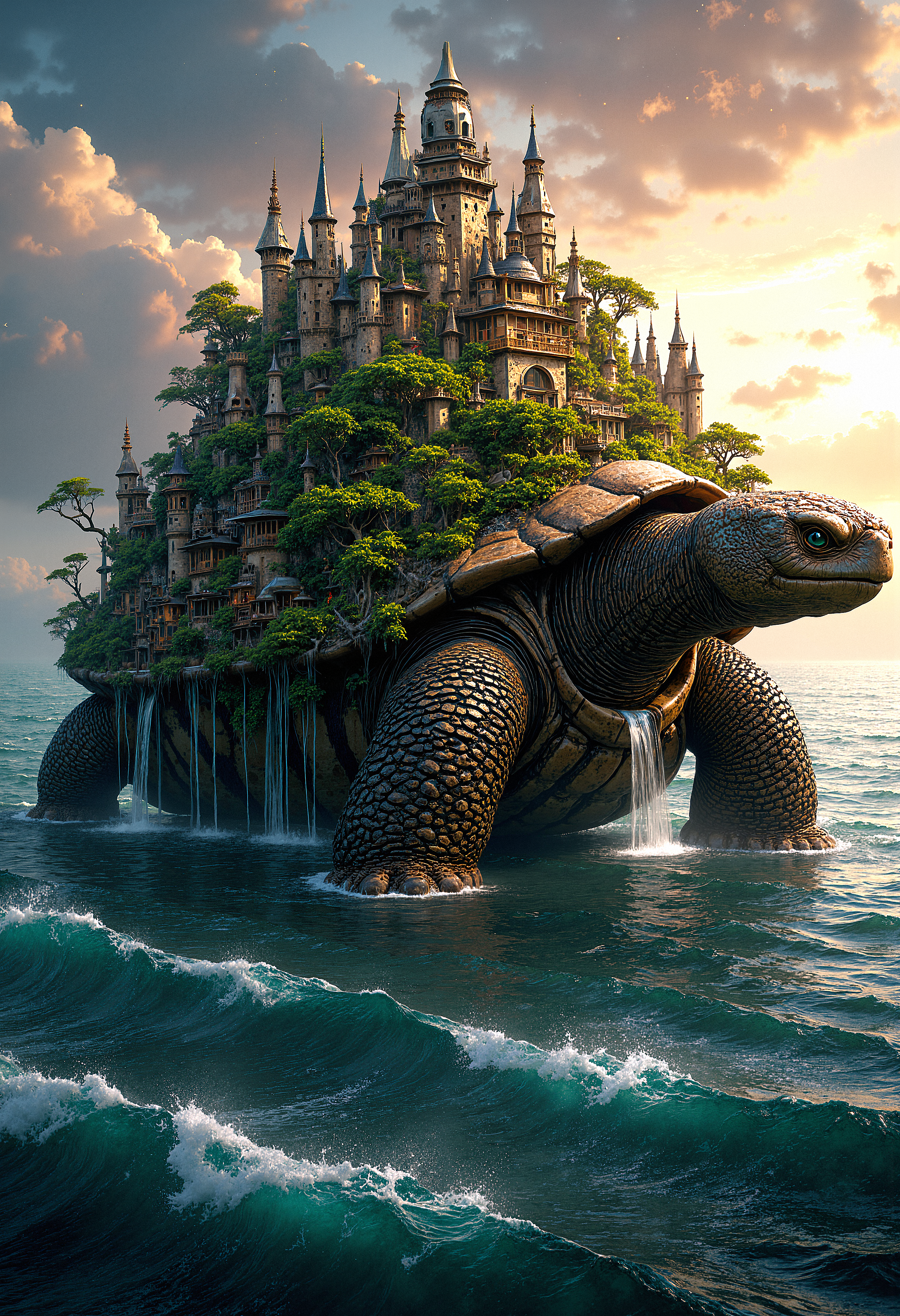 Hyper-realistic scene of a giant ancient tortoise with a city built on its back. The tortoise's shell is covered in lush, dense forest with towering trees, waterfalls cascading down its sides, and a hidden, misty village nestled in the foliage. The city consists of intricately designed buildings that blend seamlessly with the natural environment, featuring rope bridges connecting different sections of the city. The tortoise moves slowly through an endless ocean, with waves gently crashing against its sides. Above, the sky is a mix of warm sunset hues and stars beginning to peek through the twilight. The atmosphere is magical and serene, evoking a sense of wonder and timelessness. The image captures the harmony between nature and civilization, with soft, ambient lighting enhancing the mystical ambiance. The perspective is wide, emphasizing the grandeur of the tortoise and the tiny yet intricate details of the city. <lora:FluxMythP0rtr4itStyle:0.8>