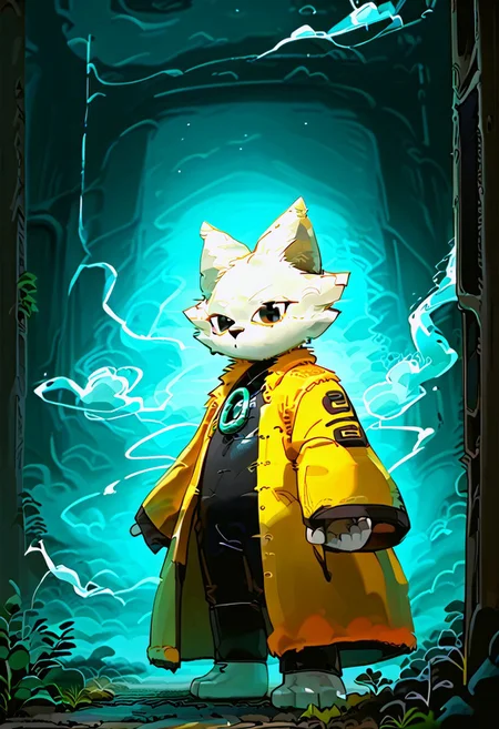 lv1rubili, full body, solo, furry, score_9, score_8_up, look at viewer, male focus, no humans, furry male, flux-style, detailed eyes, yi, yellow coat, coat long sleeves, wide sleeves, robe, haori, body suit, white fur, green ring on chest, animal ears, furry, furry male, black eyes, body fur, no mouths, fangs, flux-scenery