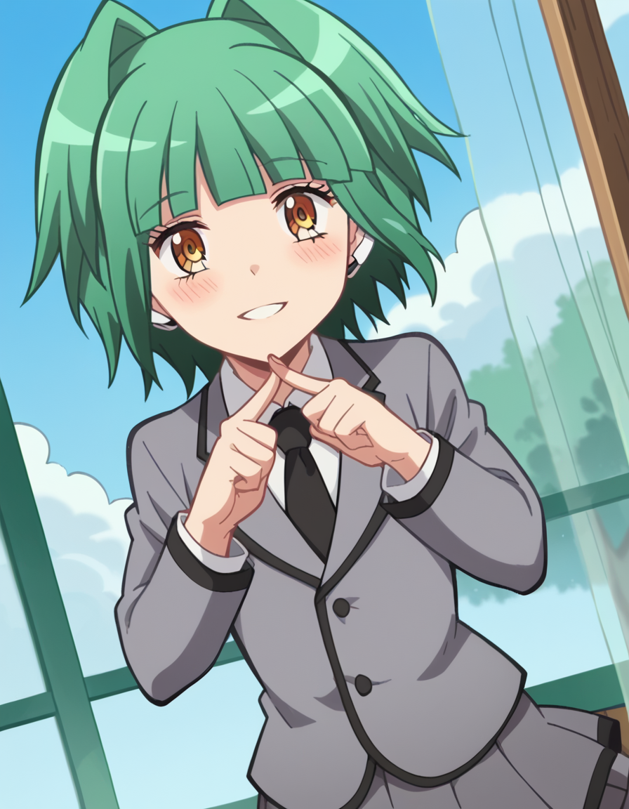 score_9, score_8_up, score_7_up, source_anime, <lora:kaede-kayano-s1s2-ponyxl-lora-nochekaiser:1>, kaede kayano, short hair, bangs, brown eyes, yellow eyes, green hair, hair intakes, anime screencap,, blazer, grey blazer, school uniform, pleated skirt, necktie, grey skirt, black necktie, white shirt, collared shirt, long sleeves,, suburban neighborhood, morning jog, earphones, running shoes, fresh air, sunrise, smile, <lora:x-fingers-ponyxl-lora-nochekaiser:1>, x fingers, blush, parted lips,, looking at viewer, solo,, dutch angle, cowboy shot