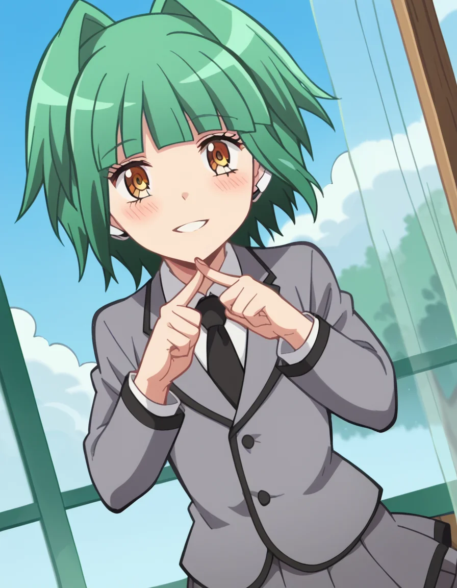 score_9, score_8_up, score_7_up, source_anime, <lora:kaede-kayano-s1s2-ponyxl-lora-nochekaiser:1>, kaede kayano, short hair, bangs, brown eyes, yellow eyes, green hair, hair intakes, anime screencap,, blazer, grey blazer, school uniform, pleated skirt, necktie, grey skirt, black necktie, white shirt, collared shirt, long sleeves,, suburban neighborhood, morning jog, earphones, running shoes, fresh air, sunrise, smile, <lora:x-fingers-ponyxl-lora-nochekaiser:1>, x fingers, blush, parted lips,, looking at viewer, solo,, dutch angle, cowboy shot