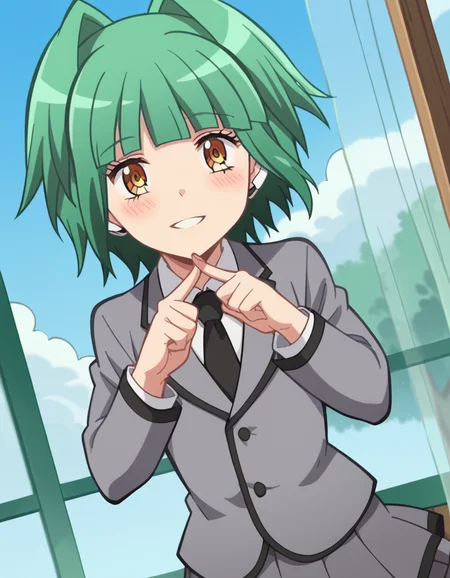 score_9, score_8_up, score_7_up, source_anime, <lora:kaede-kayano-s1s2-ponyxl-lora-nochekaiser:1>, kaede kayano, short hair, bangs, brown eyes, yellow eyes, green hair, hair intakes, anime screencap,, blazer, grey blazer, school uniform, pleated skirt, necktie, grey skirt, black necktie, white shirt, collared shirt, long sleeves,, suburban neighborhood, morning jog, earphones, running shoes, fresh air, sunrise, smile, <lora:x-fingers-ponyxl-lora-nochekaiser:1>, x fingers, blush, parted lips,, looking at viewer, solo,, dutch angle, cowboy shot