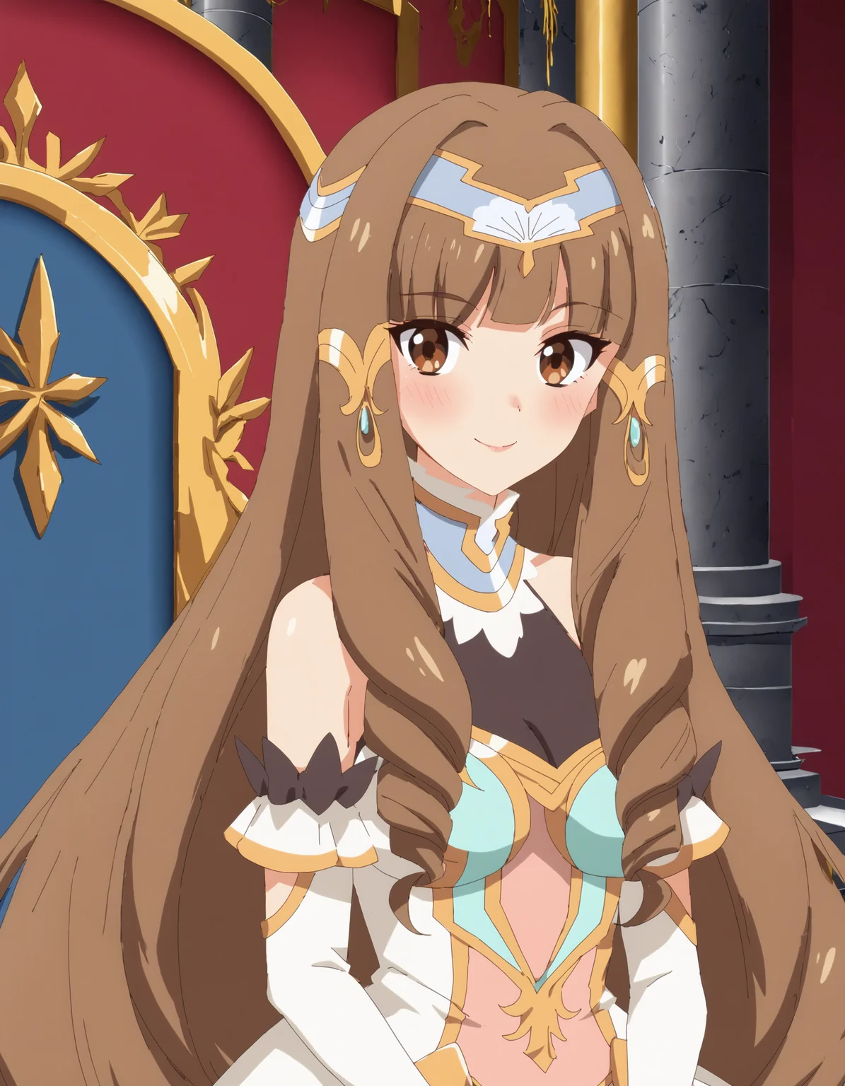 score_9, score_8_up, score_7_up, source_anime
BREAK
elizabeth_olis, 1girl, solo, brown hair, drill sidelocks, very long hair, brown eyes, gown, circlet, hair tubes, high collar, see-through cleavage, elbow gloves, looking at viewer, blush, smile, upper body
BREAK
throne room, throne, column, window, day
<lora:elizabeth_Lv2karaCheat_ponyxl_v01:0.8>