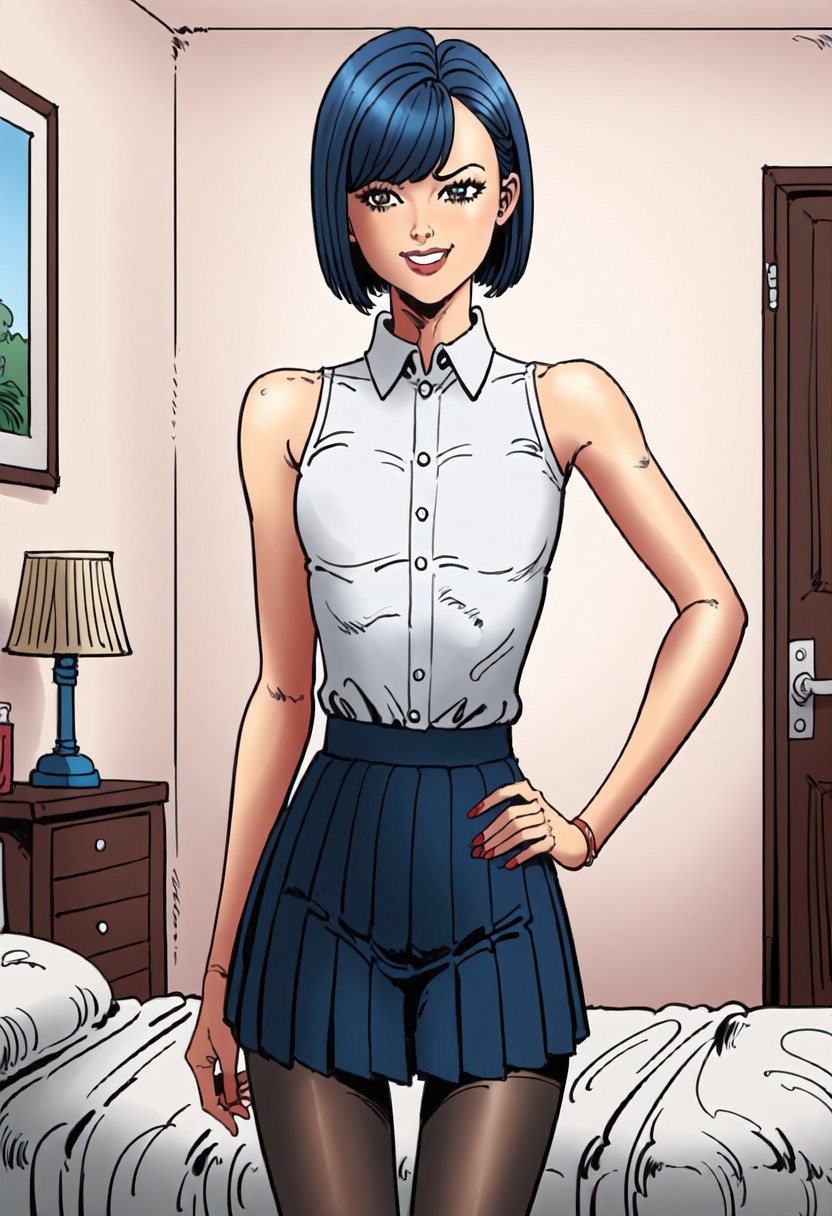 score_9, score_8_up, score_7_up, score_6_up,  (chiaroscuro lighting)  source_cartoon, cartoon, (f3rn4nd0:1.3), (line art).  BREAK. 
asian woman, adult woman, short hair, brown eyes, blue hair, swept bangs, bob cut, beautiful woman, skinny body, petite stature, very thin thighs, thigh gap, sexy, face focus, cute face, very detailed facial features, perfect nose, extremely detailed eyes, extremely detailed iris, very small breasts, tight shirt,
white collared shirt, sleeveless shirt, short black pleated skirt, black pantyhose, 
smiling, looking at viewer, one hand on hips, 
Background(bedroom,);
solo