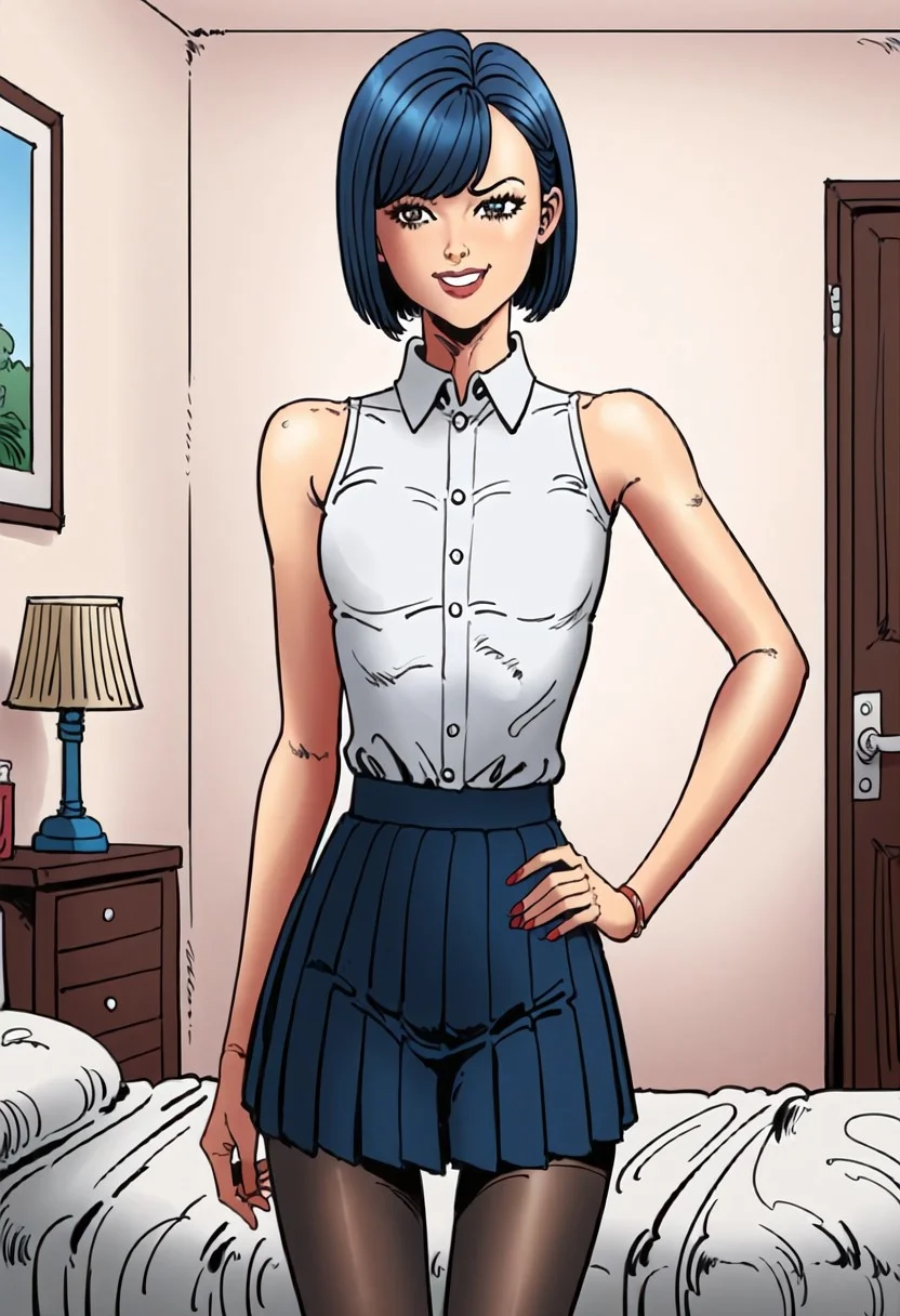 score_9, score_8_up, score_7_up, score_6_up, (chiaroscuro lighting) source_cartoon, cartoon, (f3rn4nd0:1.3), (line art). BREAK.
asian woman, adult woman, short hair, brown eyes, blue hair, swept bangs, bob cut, beautiful woman, skinny body, petite stature, very thin thighs, thigh gap, sexy, face focus, cute face, very detailed facial features, perfect nose, extremely detailed eyes, extremely detailed iris, very small breasts, tight shirt,
white collared shirt, sleeveless shirt, short black pleated skirt, black pantyhose,
smiling, looking at viewer, one hand on hips,
Background(bedroom,);
solo