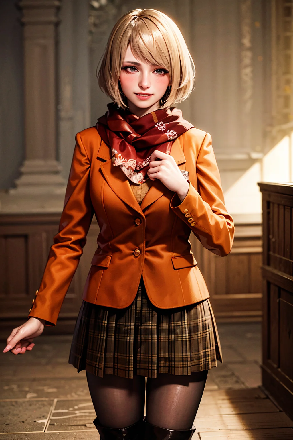 1girl, cowboy shot of re4ashley, smile, teeth, blush, spoken heart, orange jacket, scarf, black plaid skirt, pantyhouse, boots, athletic, dark old room, volumetric lighting, best quality, masterpiece, intricate details, tonemapping, sharp focus, hyper detailed, trending on Artstation, realistic, <lora:sxz-ashley-graham:0.6>