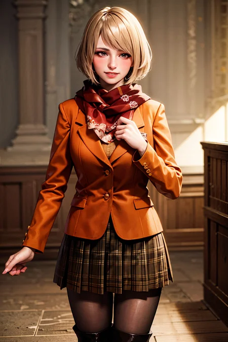 1girl, cowboy shot of re4ashley, smile, teeth, blush, spoken heart, orange jacket, scarf, black plaid skirt, pantyhouse, boots, athletic, dark old room, volumetric lighting, best quality, masterpiece, intricate details, tonemapping, sharp focus, hyper detailed, trending on Artstation, realistic, <lora:sxz-ashley-graham:0.6>