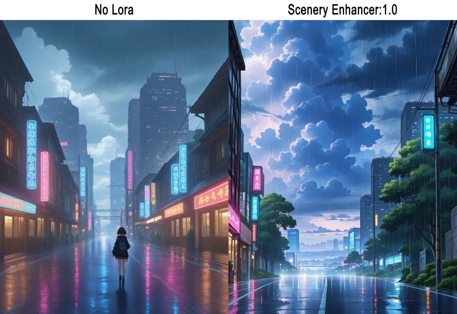 artist:, masterpiece, best quality, newest, very awa, absurdres, highres, scnr, daytime, rain, clouds, road, futuristic city, neon lights, trees, detailed
