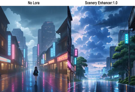 artist:, masterpiece, best quality, newest, very awa, absurdres, highres, scnr, daytime, rain, clouds, road, futuristic city, neon lights, trees, detailed