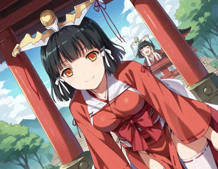 score_9, score_8_up, score_7_up, source_anime,
kuroinukaguya, <lora:kuroinu-kaguya-ova-ponyxl-lora-nochekaiser:1>,
kaguya, black hair, orange eyes, hime cut, short hair,
thighhighs, japanese clothes, miko, headdress,
outdoors, shrine, smile, bent over,
looking at viewer, cowboy shot, dutch angle, solo,