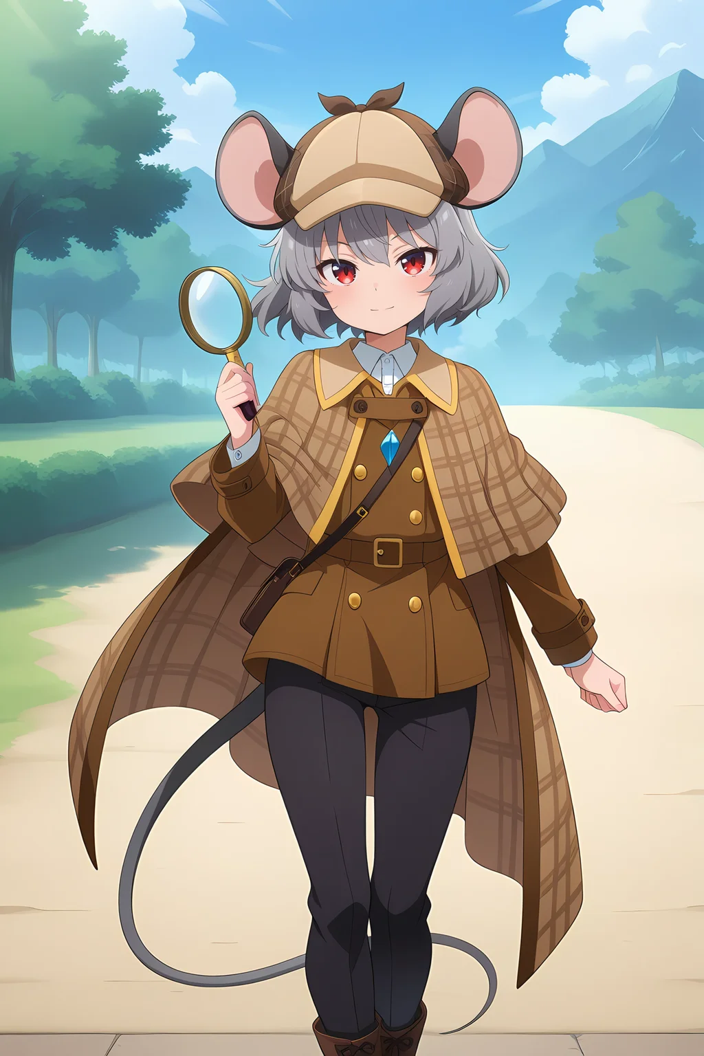 absurdres, highres, masterpiece, best quality, amazing quality, official anime artwork, screencap, anime screencap, outdoors, looking at viewer, light smile, dynamic pose,
<lora:Nazrin_illustrious:1> nazrin, 1girl, solo, red eyes, grey hair, short hair, mouse ears, mouse tail,, nazrin \(genius mouse detective\), adapted costume, hat, deerstalker, detective, brown coat, plaid coat, brown capelet, collared capelet, plaid capelet, collared shirt, black pants, holding magnifying glass, jewelry, boots, brown footwear,