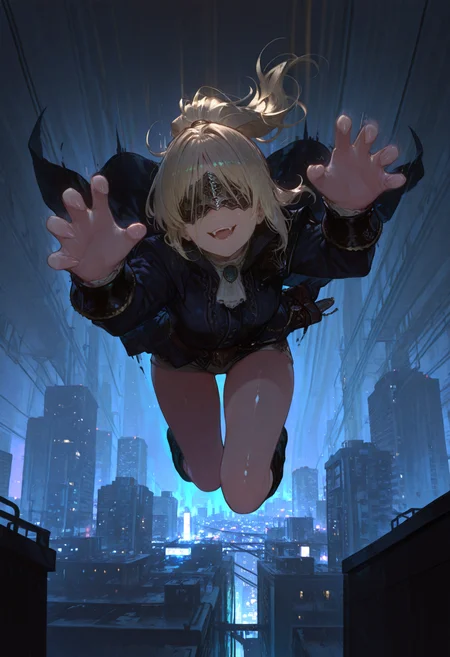 masterpiece, best quality, good quality, newest, highres, absurdres, volumetric lighting,gradient color,
BREAK
raytracing, volumetric lighting, ambient occlusion, girl, background, masterpiece, best quality, very awa, absurdres,
BREAK
DuchessER, ponytail, blonde hair, covered eyes, solo, model style,
BREAK
masterpiece,amazing quality,best quality,ultra-detailed,8K,illustration,CG,shiny hair,clear skin,ultra-detailed-eyes, background,cute girl,
BREAK,
looking at viewer, midair, claw pose, falling, pouncing, open mouth, fangs, from below, cityscape, hdr, night sky, jumping, dynamic pose, serious, smirk
<lora:DetailedEyes_V3:1> <lora:USNR STYLE_XL_loha:0.45> <lora:GBF_Illustrious:0.4> <lora:NOOB_vp1_detailer_by_volnovik_v1:0.3> <lora:MGE_V5.2_IL:0.6> <lora:ponyv6_noobE11_2_adamW:0.5> <lora:noobai_vpred_1_masterpieces_v1:1> <lora:748cmXLillokrV5311P:0.6> <lora:iLLDuchessER:1>
